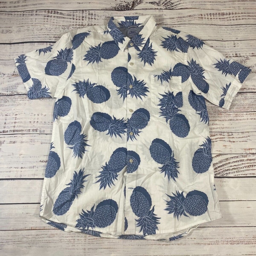 IZOD Saltwater Shirt Men's XL White Blue Hawaiian Relaxed Classic Button Down